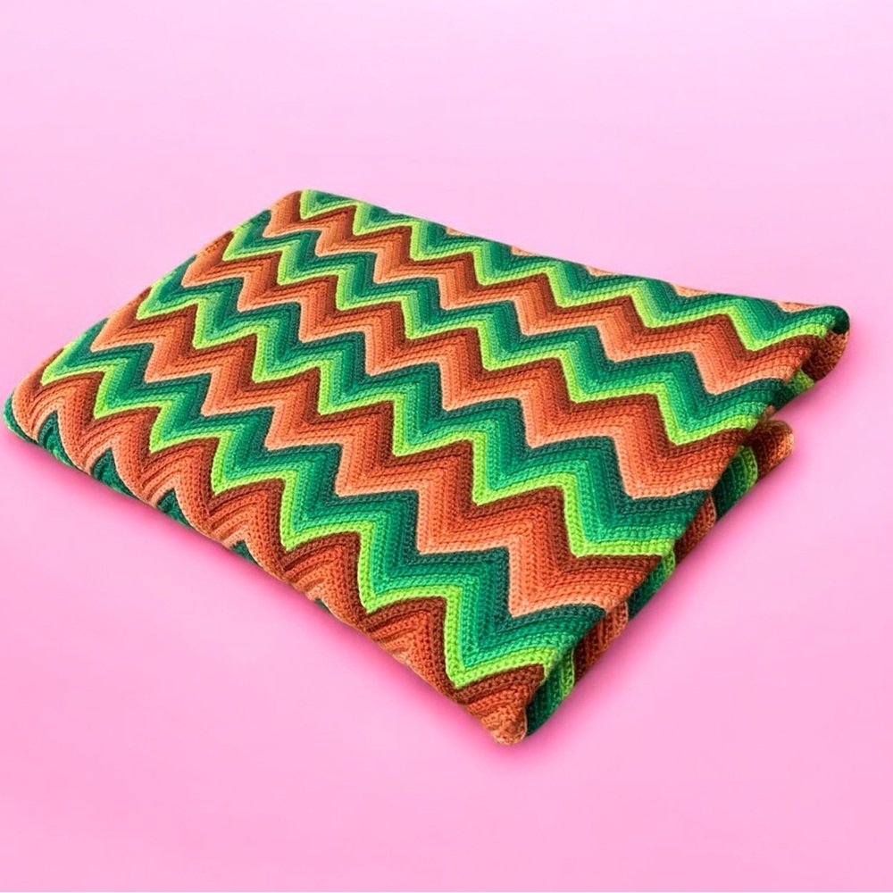 Striped Chevron Knit Throw Blanket in Green and Tan - Picture 2 of 12